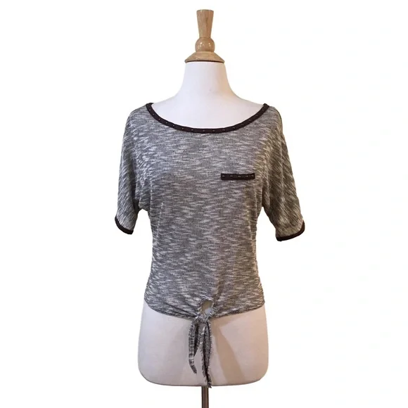 Studded Trim Tie Front Soft Marled Knit Tee - Picture 1 of 4